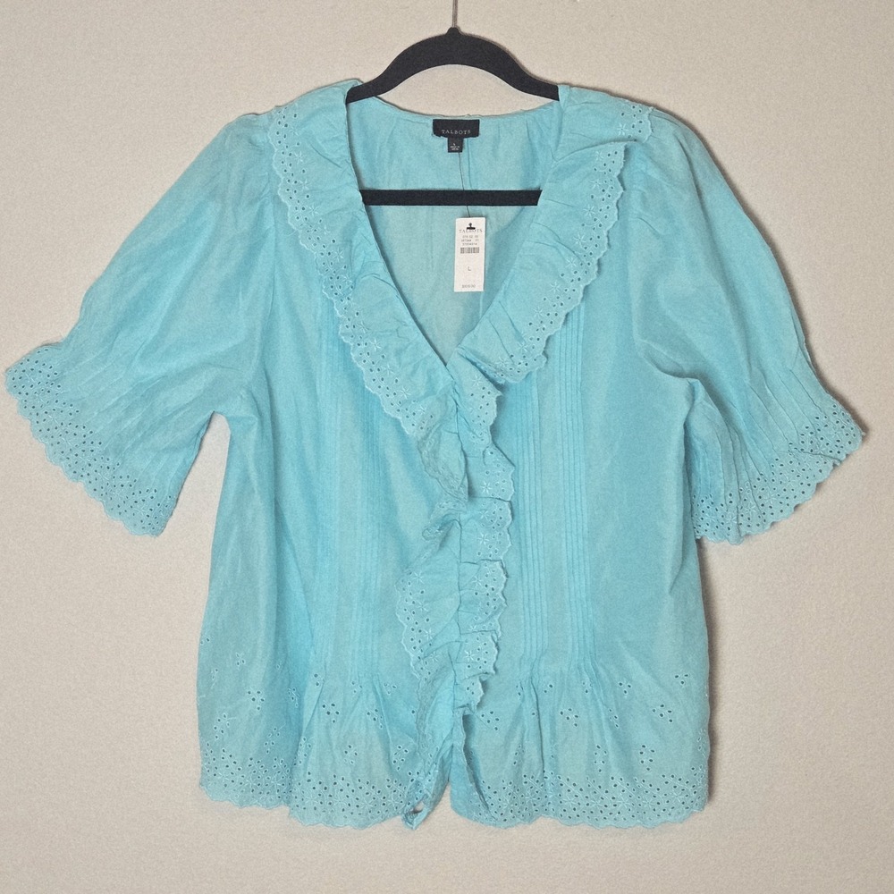Talbots Women's Sz L Blue Eyelet Embroidered Pintuck Ruffle Blouse Top Button Up
